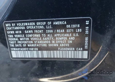 2015 Volkswagen Passat 1.8T Limited Edition z USA, uszkodzony, nr VIN 1VWAS7A3XFC106105